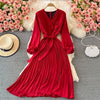 Autumn Women Pleated Midi Dress Vintage Red/Purple/Green Draped Party Vestidos Elegant Casual High Waist Long Sleeve Robe 2022