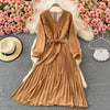 Autumn Women Pleated Midi Dress Vintage Red/Purple/Green Draped Party Vestidos Elegant Casual High Waist Long Sleeve Robe 2022