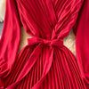 Autumn Women Pleated Midi Dress Vintage Red/Purple/Green Draped Party Vestidos Elegant Casual High Waist Long Sleeve Robe 2022