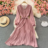 Autumn Women Pleated Midi Dress Vintage Red/Purple/Green Draped Party Vestidos Elegant Casual High Waist Long Sleeve Robe 2022