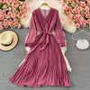 Autumn Women Pleated Midi Dress Vintage Red/Purple/Green Draped Party Vestidos Elegant Casual High Waist Long Sleeve Robe 2022