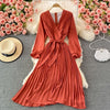 Autumn Women Pleated Midi Dress Vintage Red/Purple/Green Draped Party Vestidos Elegant Casual High Waist Long Sleeve Robe 2022
