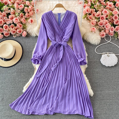 Autumn Women Pleated Midi Dress Vintage Red/Purple/Green Draped Party Vestidos Elegant Casual High Waist Long Sleeve Robe 2022