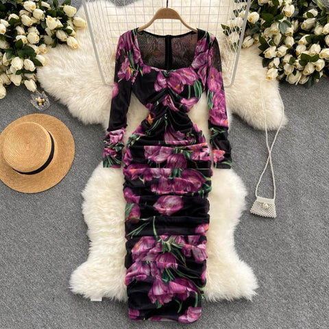Autumn Women Purple Floral Printed Midi Dress Women Elegant Square Collar Long Sleeve Chiffon Draped Vestidos Female Robe 2022
