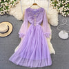 Autumn Women Purple/Pink/Blue Beading Mesh Midi Dress Sweet Square Collar Puff Long Sleeve A-Line Lace Vestidos Female 2022