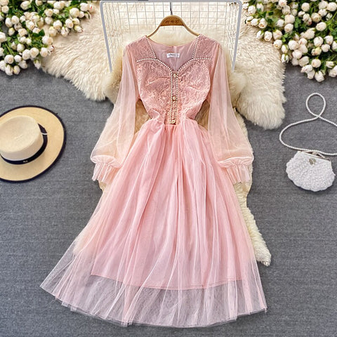 Autumn Women Purple/Pink/Blue Beading Mesh Midi Dress Sweet Square Collar Puff Long Sleeve A-Line Lace Vestidos Female 2022