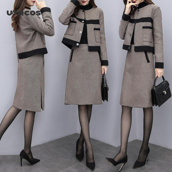 Autumn Women Tracksuits Outfits Femenino Jacket Coat + Skirt 2 Two Piece Set Female Vintage Woolen Suits Sets Clothes