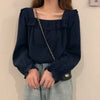 Autumn Women White Shirt Square Collar Long-sleeved Solid Color Petal Sleeve Thin Blouses Women Clothing