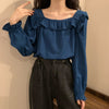 Autumn Women White Shirt Square Collar Long-sleeved Solid Color Petal Sleeve Thin Blouses Women Clothing