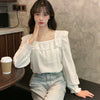 Autumn Women White Shirt Square Collar Long-sleeved Solid Color Petal Sleeve Thin Blouses Women Clothing