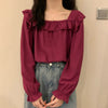 Autumn Women White Shirt Square Collar Long-sleeved Solid Color Petal Sleeve Thin Blouses Women Clothing