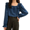 Autumn Women White Shirt Square Collar Long-sleeved Solid Color Petal Sleeve Thin Blouses Women Clothing