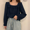 Autumn Women White Shirt Square Collar Long-sleeved Solid Color Petal Sleeve Thin Blouses Women Clothing