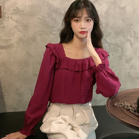 Autumn Women White Shirt Square Collar Long-sleeved Solid Color Petal Sleeve Thin Blouses Women Clothing