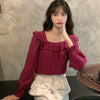 Autumn Women White Shirt Square Collar Long-sleeved Solid Color Petal Sleeve Thin Blouses Women Clothing