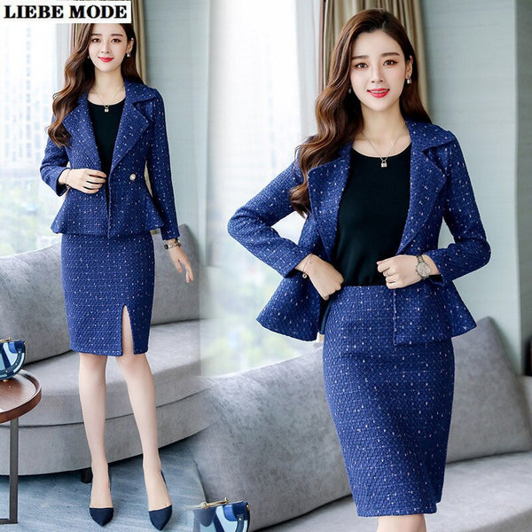 Autumn Women's Jacket and Skirt Ladies Formal Wool Skirt Suits for Women Belt Blazer 2 Piece Sets Office Business Skirts Suit
