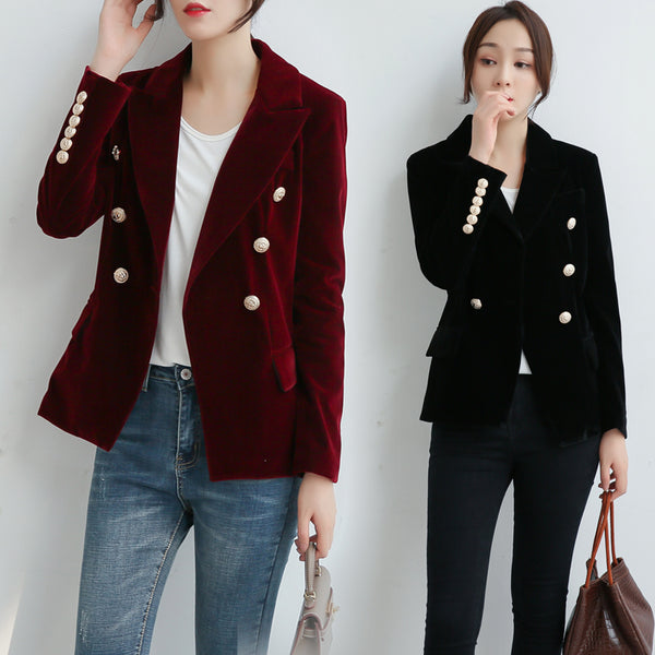 Autumn Women's Slim Gold Velvet Small Suit Jacket Women Blazer Metal Button Short Velvet Suit Blazer Coats Jackets Women