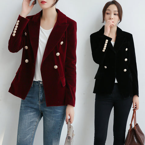 Autumn Women's Slim Gold Velvet Small Suit Jacket Women Blazer Metal Button Short Velvet Suit Blazer Coats Jackets Women