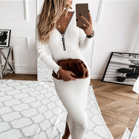 Autumn Zipper V-Neck Slim Long Sleeve Ribbed Knitted Dress Women Casual Skinny Solid Color Elegant Long Sweater Dresses