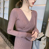 Autumn and Winter Korean V-neck Midi Sweater Dresses Split Slim Thin Long Sleeve Sexy Wool Knitted Dresses Pull Femme 11739