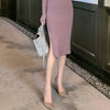 Autumn and Winter Korean V-neck Midi Sweater Dresses Split Slim Thin Long Sleeve Sexy Wool Knitted Dresses Pull Femme 11739