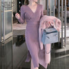 Autumn and Winter Korean V-neck Midi Sweater Dresses Split Slim Thin Long Sleeve Sexy Wool Knitted Dresses Pull Femme 11739