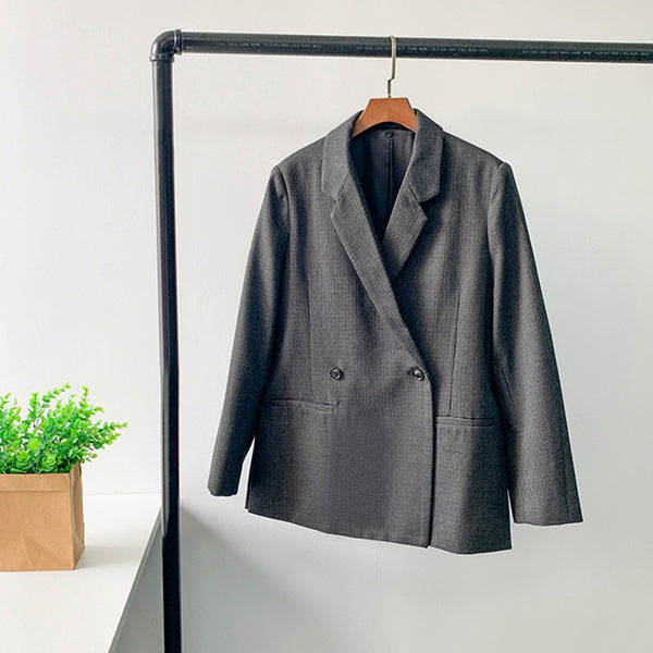 Autumn and Winter Gray Check Wool Loose Profile Suit Jacket Women