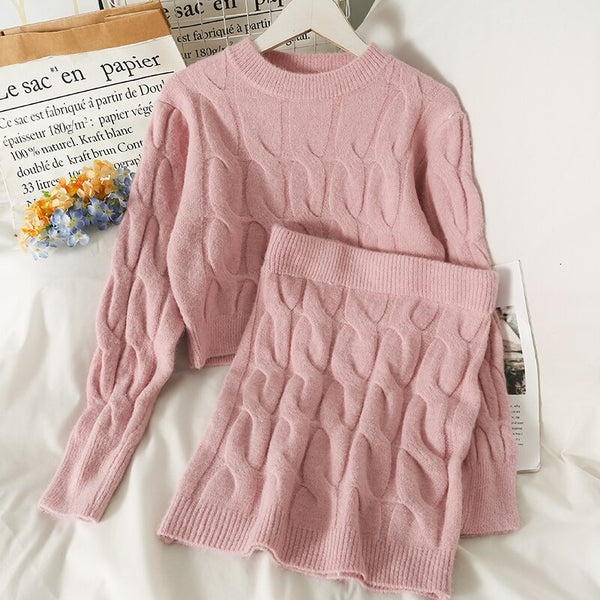 Autumn and Winter Style Slimming Hemp Pattern Round Neck Long-sleeved Sweater Suit Women's All-match Knitted Hip Skirt