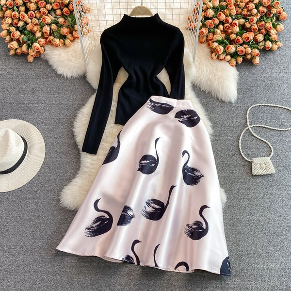 Autumn and winter light mature style Korean temperament mid-length skirt two-piece suit stand-up collar short sweater