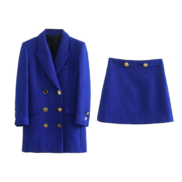 Autumn and winter women's clothing textured long blazer + high waist skirt suit with metal buttons