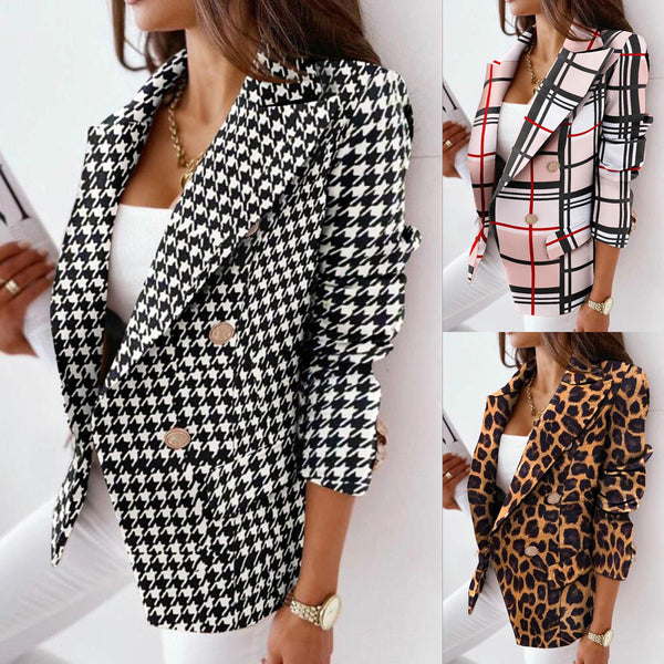 Autumn and winter long -sleeved double -breasted printing suit jacket