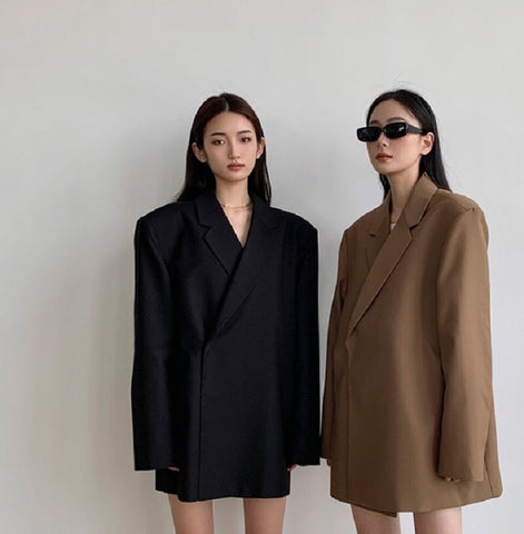 Autumn and winter women's blazer jacket casual solid color double-breasted pocket decorative Oversize coat