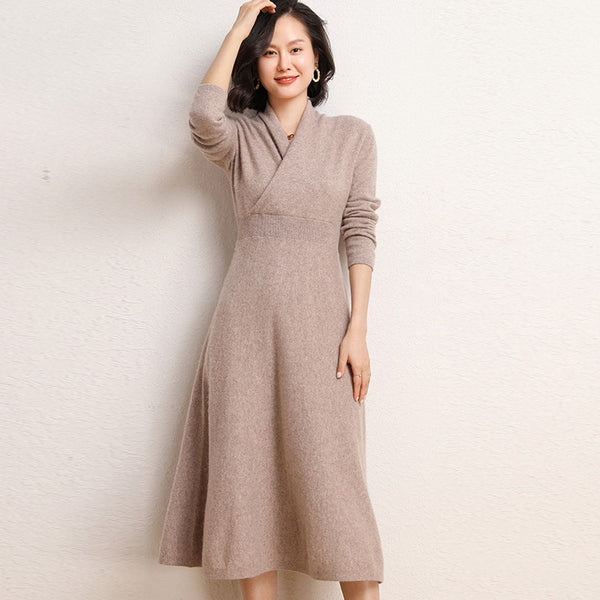 Autumn and winter women's pullover knit 100% pure cardigan dress cross-neck thickened versatile slim bottoming long skirt