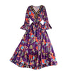 Autumn flare sleeve dress women's V-neck slim lace up waist print Embroidery purple Maxi Dress Bohemian Vintage Robe Vestidos