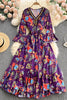 Autumn flare sleeve dress women's V-neck slim lace up waist print Embroidery purple Maxi Dress Bohemian Vintage Robe Vestidos