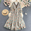 Autumn flare sleeve dress women's V-neck slim lace up waist print Embroidery purple Maxi Dress Bohemian Vintage Robe Vestidos