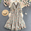 Autumn flare sleeve dress women's V-neck slim lace up waist print Embroidery purple Maxi Dress Bohemian Vintage Robe Vestidos