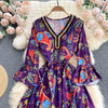 Autumn flare sleeve dress women's V-neck slim lace up waist print Embroidery purple Maxi Dress Bohemian Vintage Robe Vestidos