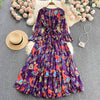 Autumn flare sleeve dress women's V-neck slim lace up waist print Embroidery purple Maxi Dress Bohemian Vintage Robe Vestidos