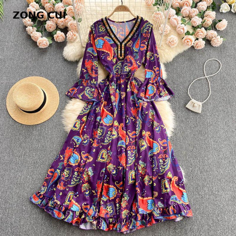 Autumn flare sleeve dress women's V-neck slim lace up waist print Embroidery purple Maxi Dress Bohemian Vintage Robe Vestidos