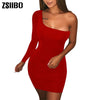 Autumn long sleeve One Shoulder Straps Slash Neck High Waist Sexy Women Solid Club Mini Dress