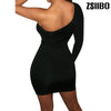 Autumn long sleeve One Shoulder Straps Slash Neck High Waist Sexy Women Solid Club Mini Dress