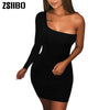 Autumn long sleeve One Shoulder Straps Slash Neck High Waist Sexy Women Solid Club Mini Dress