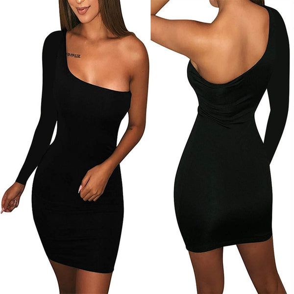 Autumn long sleeve One Shoulder Straps Slash Neck High Waist Sexy Women Solid Club Mini Dress