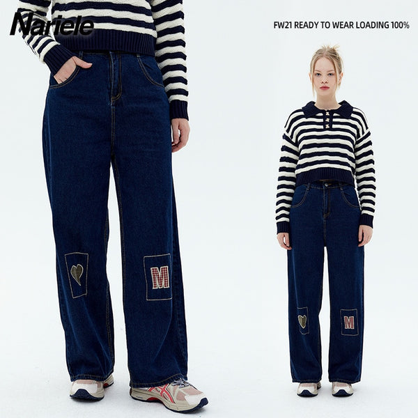 Autumn women love embroidered jeans retro do old versatile slacks high street straight casual pants