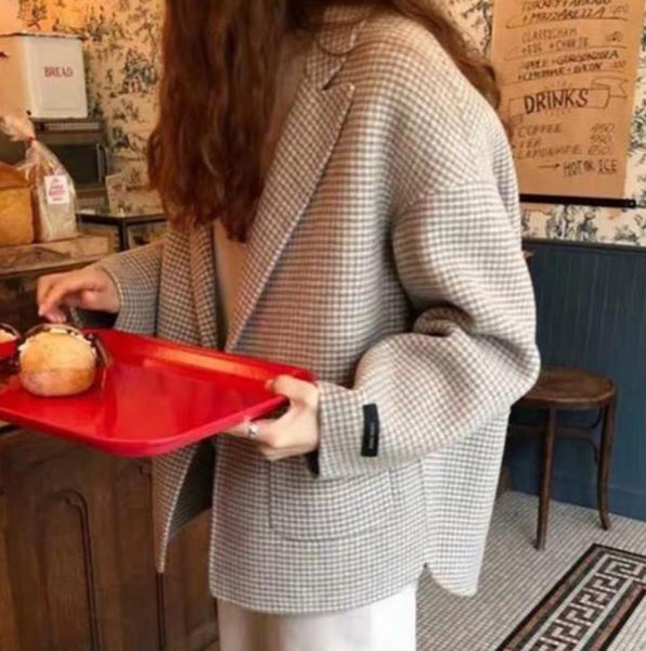 Autumn winter Houndstooth Woolen blazer women notched loose short suit jacket