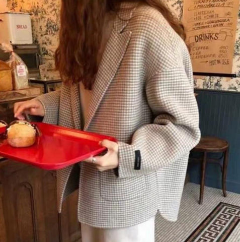 Autumn winter Houndstooth Woolen blazer women notched loose short suit jacket