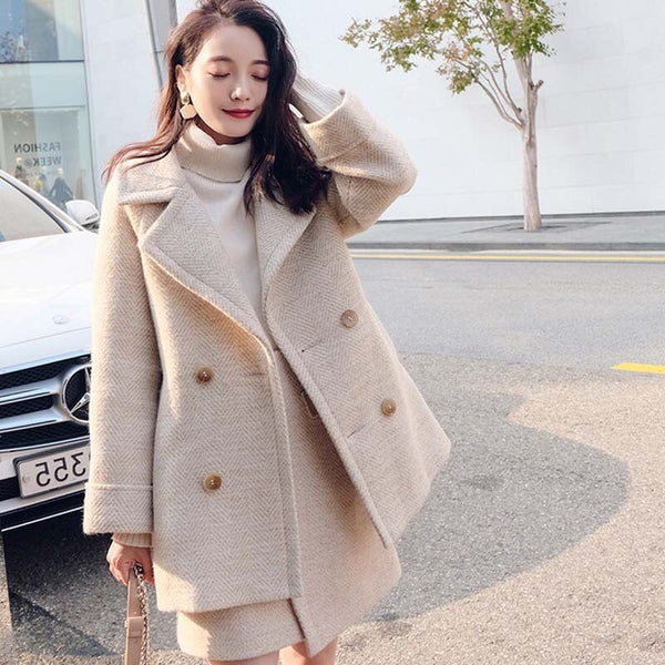 Autumn winter gentle wind coat women's mid-length double-breasted suit collar woolen coat +Two-piece skirt beige winter clothes