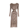 Autumn women's temperament o neck buckle slim waist hips sweater dress womens elastic knitted elegant midi dress female fashion