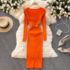 Autumn women's temperament o neck buckle slim waist hips sweater dress womens elastic knitted elegant midi dress female fashion